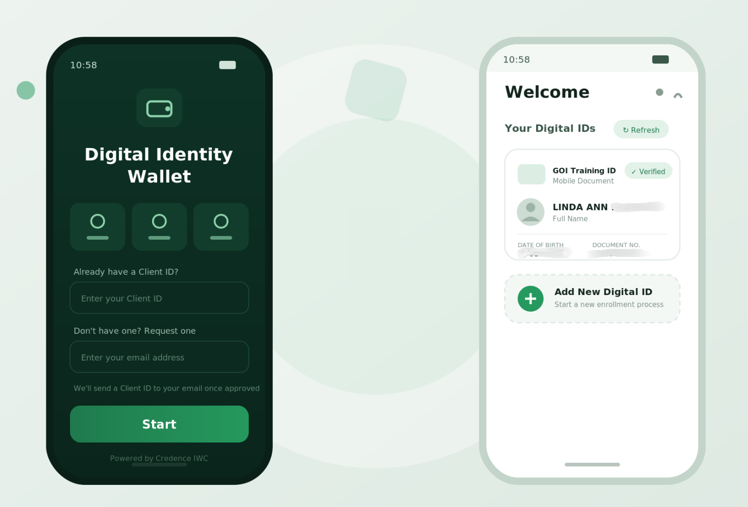 Three wallet screens: a digital ID under review, the same credential verified with a Present in Person action, and a Scan to Verify QR code waiting for a reader.